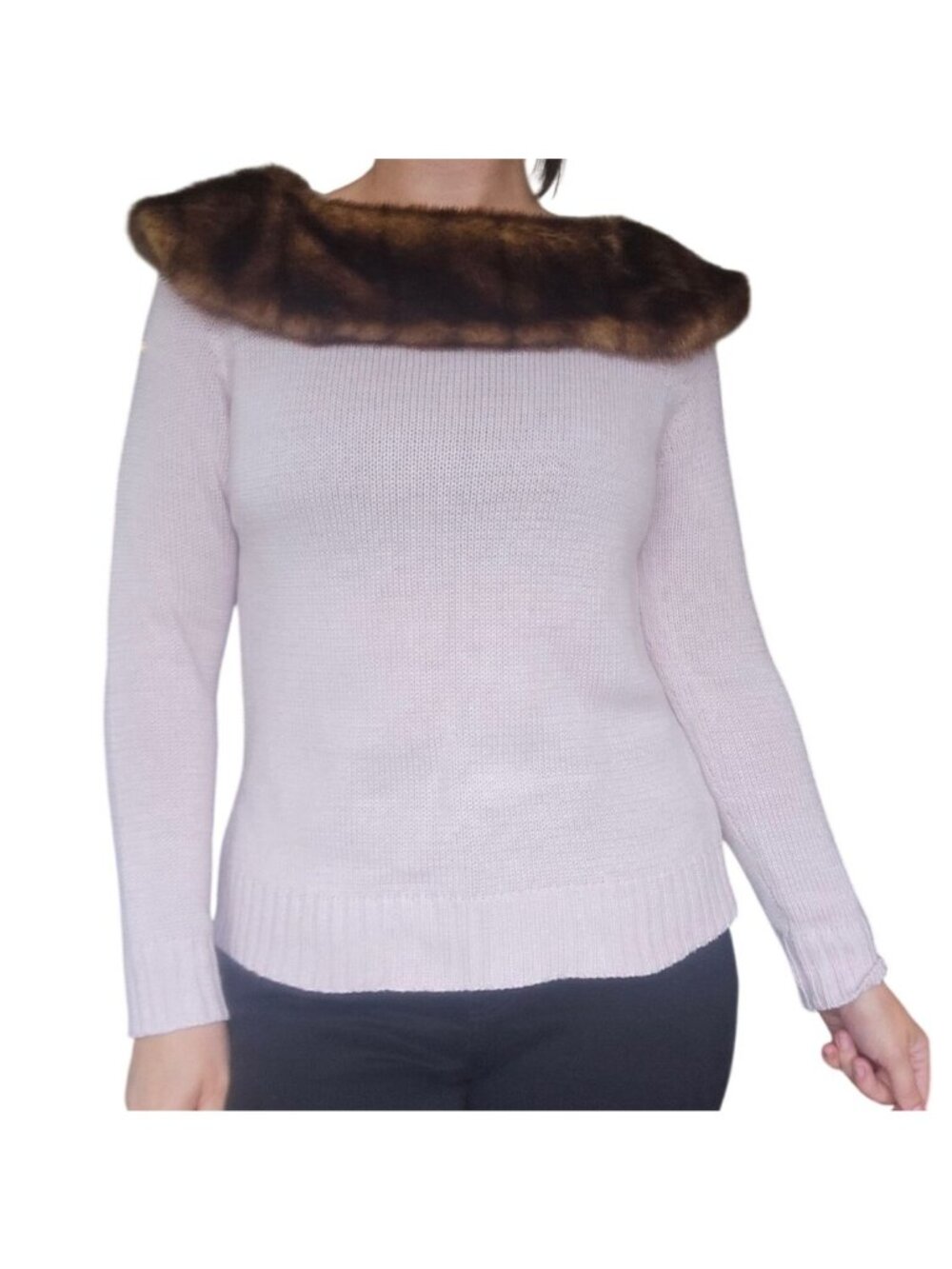 Vintage Peter Nygard Light Pink Knit Sweater Faux Fur Collar Women Size M Preppy